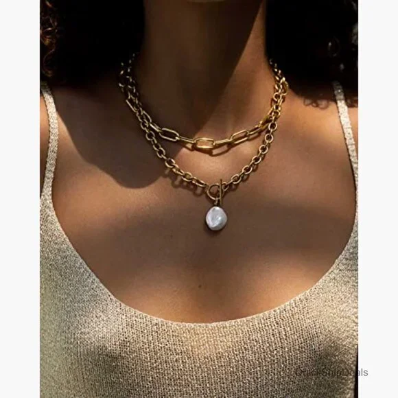 18K Gold Plated Pearl Pendant Necklace with Toggle Clasp